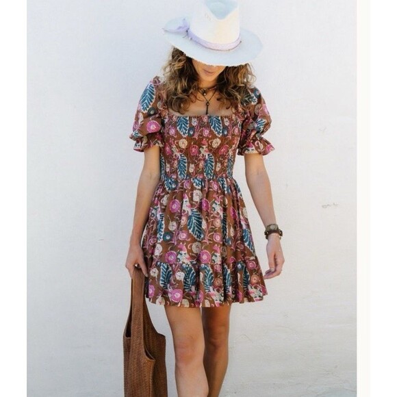 PERRY WALKER Grace Floral Print Smocked Dress O/S Brown Green Pink Smocked Boho - Picture 1 of 15